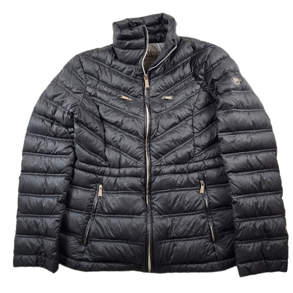 Michael Kors Puffer Jacket Womens Small‎ Black Down Packable Chevron Quilted